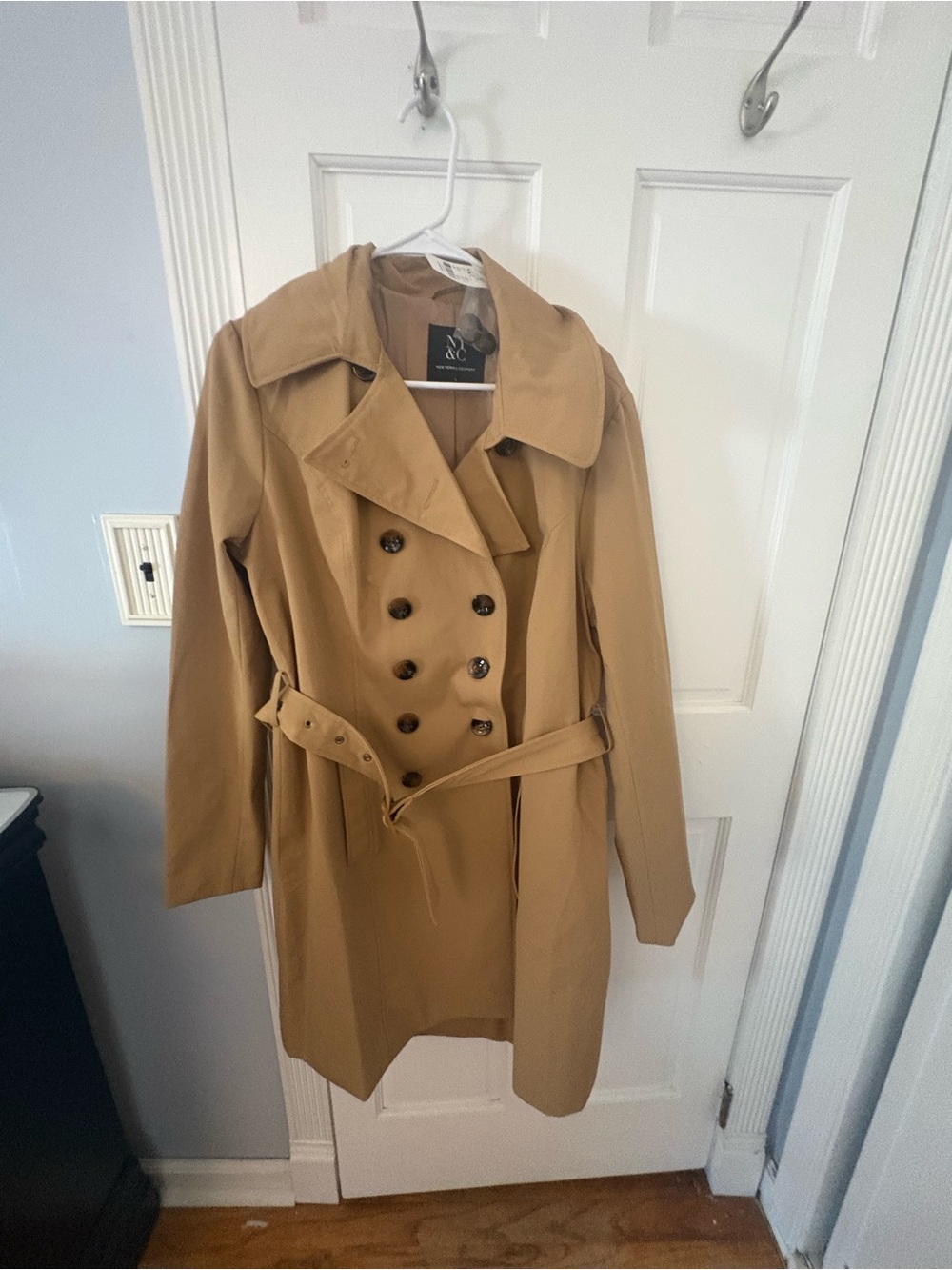 New York & Company Tan Double-Breasted Trench Coat with Belt
